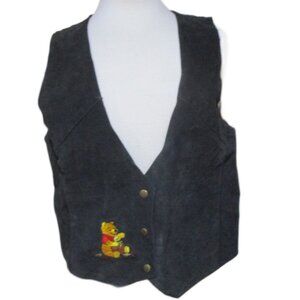 Vintage 90s Y2K Disney Winnie The Pooh Bear Suede Leather Black Vest